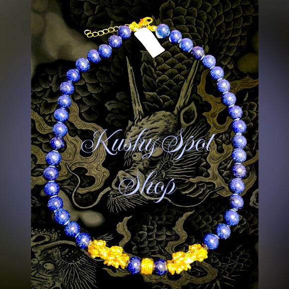 Lucky 🧧Chinese Pixiu Bixue LAPIZ 🔵 Beads in Goldtone 18” necklace 325.00 ctw ✨ - Picture 1 of 2
